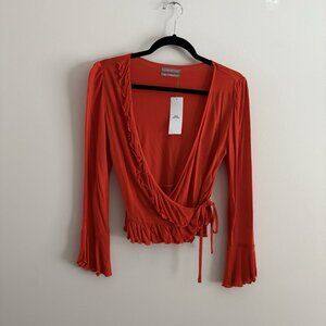 Urban Outfitters Women M Orange V-Neck Bell Sleeves Candyd Ruffle Wrap Top NWT